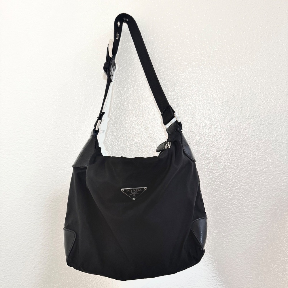Prada Vintage Classic Nylon Leather Trim Hobo Shoulder Bag Women M Black